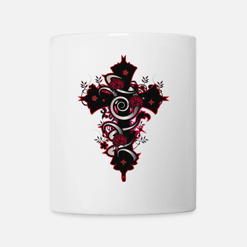 rot schwarzes Gothic Kreuz mit floralen Elementen - Tasse - Weiß