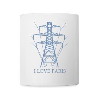 Ironisch Ich liebe Paris Eiffelturm als Strommast - Tasse - Weiß - Vorne