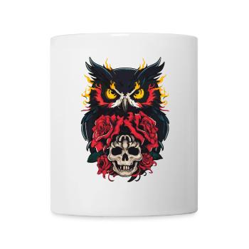Mystische Eule sitzt auf Skull mit roten Rosen - Tasse - Weiß - Vorne