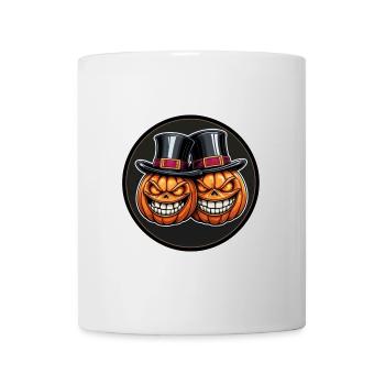 Zwei grinsende Halloweenkürbisse mit Zylinder - Tasse - Weiß - Vorne