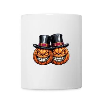 Zwei grinsende Halloweenkürbisse mit Zylinder - Tasse - Weiß - Vorne