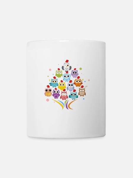 Weihnachtsgeschenke. Tannenbaum - Tiere - Eulen - Tasse - Weiß