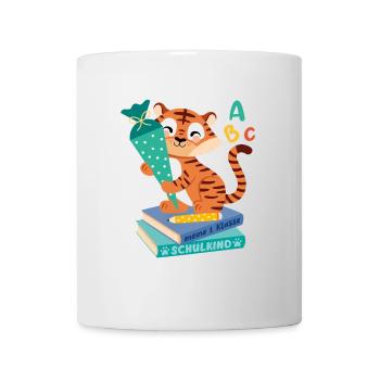 Tiger mit Schultüte auf Bücherstapel - Tasse - Weiß - Vorne