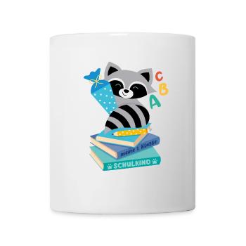 Waschbär mit Schultüte auf Bücherstapel - Tasse - Weiß - Vorne