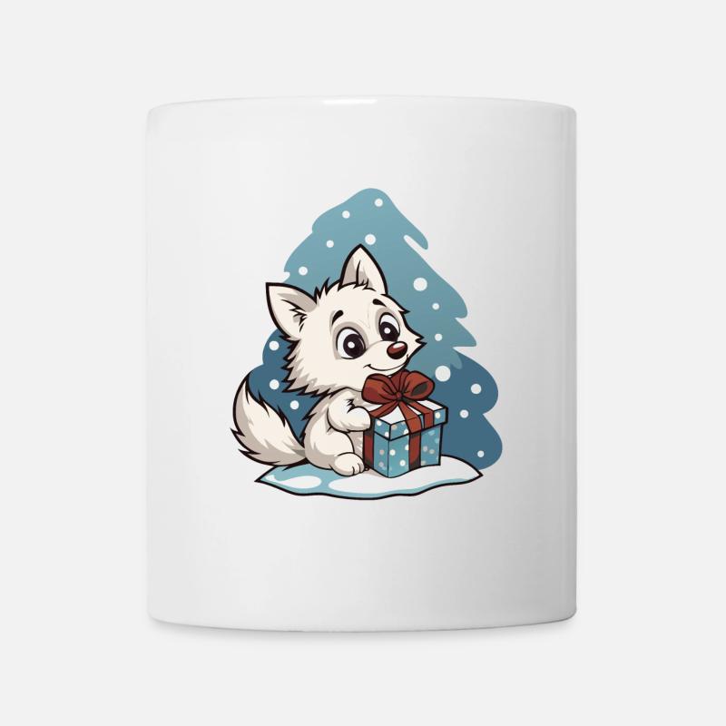 Niedlicher Wolf mit Geschenk an Weihnachten - Tasse - Weiß