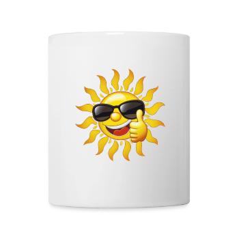 Lachende Sonne mit Sonnenbrille zeigt Daumen hoch - Tasse - Weiß - Vorne