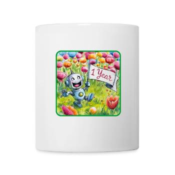 1 Jahr 1. Geburtstag Roboter auf Blumenwiese - Tasse - Weiß - Vorne