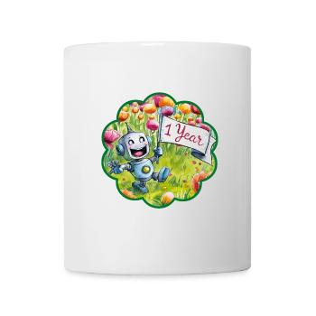 1 Jahr 1. Geburtstag Roboter auf Blumenwiese. Ein - Tasse - Weiß - Vorne