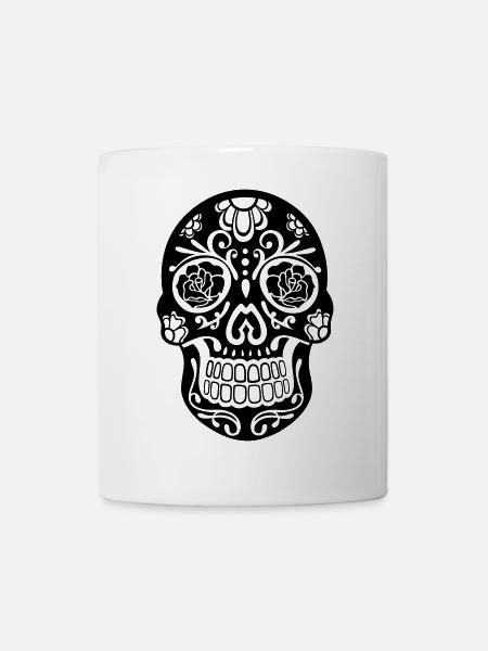 Sugar Skull Floral – Día de los Muertos Skull Blac - Mug - white