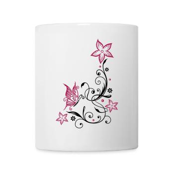 Flowers with filigree floral ornament, butterfly - Mug - white - Front