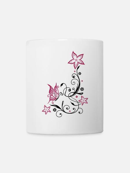 Fleurs avec ornement floral et papillon, été. - Mug blanc - blanc