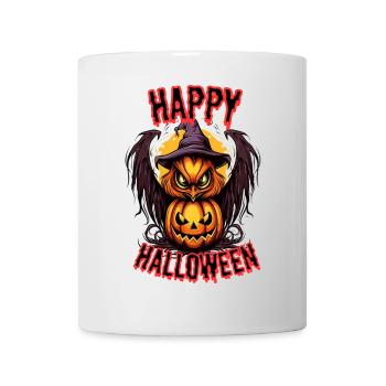 Gruselige Halloween Eule mit Kürbis - Tasse - Weiß - Vorne