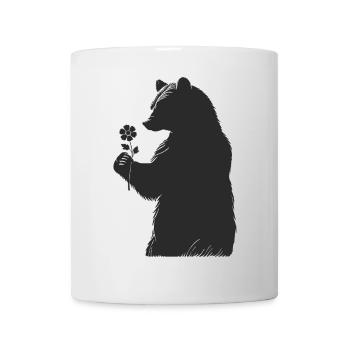 Sanfter Bär mit Blume in der Hand–Silhouetten-Stil - Tasse - Weiß - Vorne