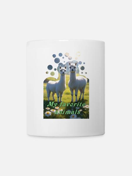 Two fluffy llamas alpacas in the meadow - Mug - white
