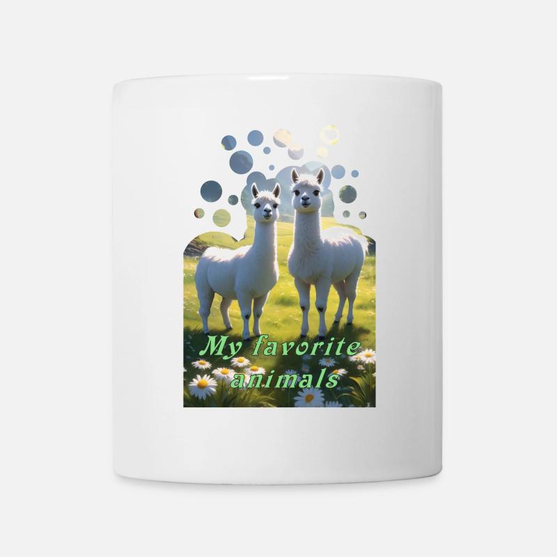 Two fluffy llamas alpacas in the meadow - Mug - white