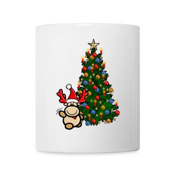 Reindeer Elmondo in front of a colorful Christmas tree - Mug - white - Front