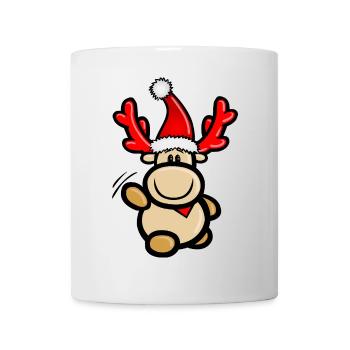 Cartoon reindeer Elmondo waving with Santa hat - Mug - white - Front