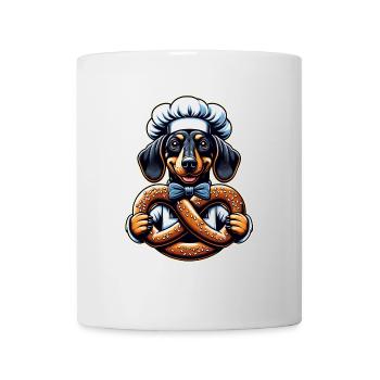 Teckel avec chapeau de boulanger et grand bretzel - Mug blanc - blanc - Devant
