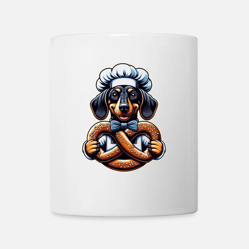 Teckel avec chapeau de boulanger et grand bretzel - Mug blanc - blanc