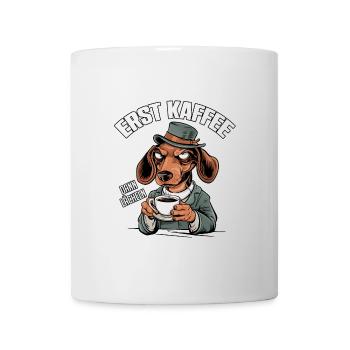 Grantiger Dackel und lustiger Kaffeetrinkerspruch - Tasse - Weiß - Vorne