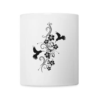 Hummingbirds with hibiscus and filigree tendril - Mug - white - Front