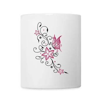 Flowers with filigree floral ornament, butterfly - Mug - white - Front