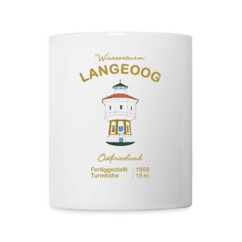 Langeoog Wasserturm, Schrift Gold, Ostfriesland - Tasse - Weiß - Vorne