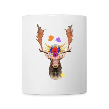 blumenmuster, hirschkopf, waldtiere - Tasse - Weiß - Vorne