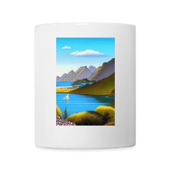 Landscape with lake, boat and mountains - Mug - white - Front