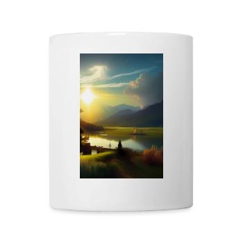 Paysage avec lac, soleil, bateau et montagnes - Mug blanc - blanc - Devant