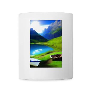 Landscape with lake, boat and mountains - Mug - white - Front
