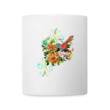 Wunderschöne elegante Blumen mit Vogel. - Tasse - Weiß - Vorne