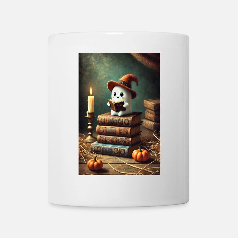 Lesender Halloween Geist mit einem Hexenhut - Tasse - Weiß