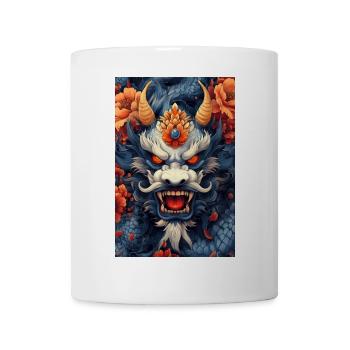 Blauer Drachenkopf mit Feuerblumen - Tasse - Weiß - Vorne