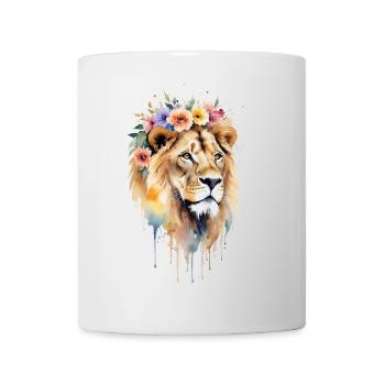 Majestätischer Löwe mit floralen Akzenten - Aquarell - Tasse - Weiß - Vorne