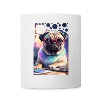 Bürohund Mops mit Laptop und pinker Brille Pop Art - Tasse - Weiß - Vorne