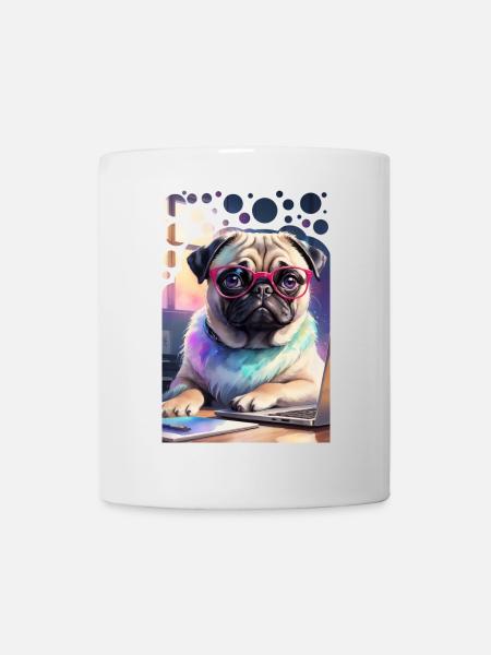 Bürohund Mops mit Laptop und pinker Brille Pop Art - Tasse - Weiß