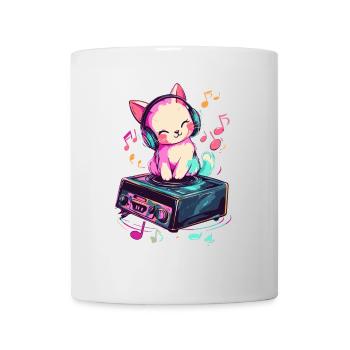 Cute cat with headphones listening to music - Mug - white - Front