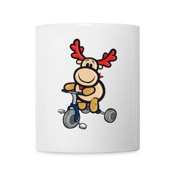 Lachendes Comic-Rentier fährt Dreirad - Tasse - Weiß - Vorne