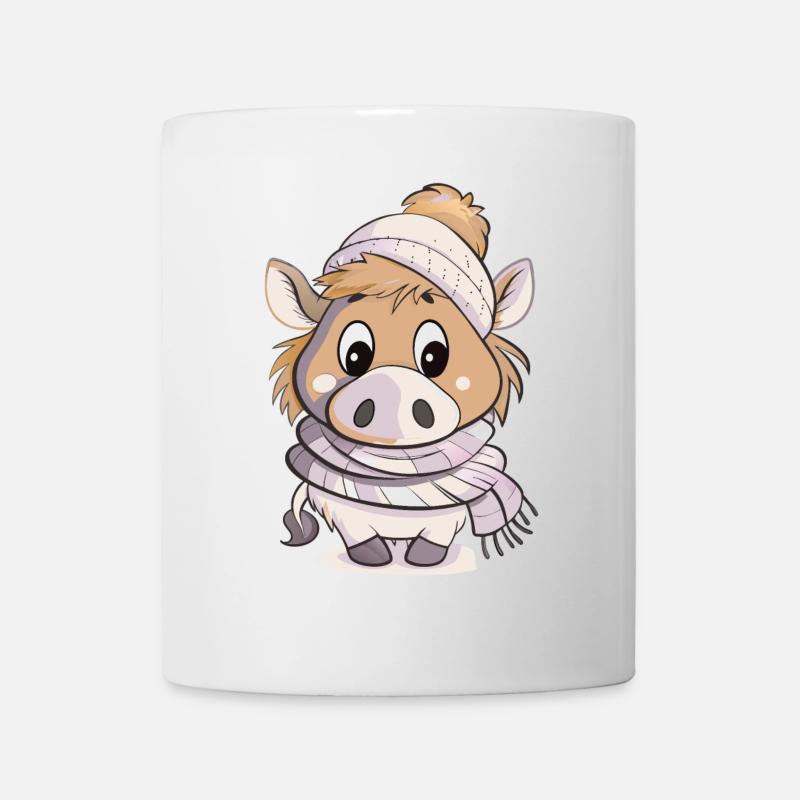 Cute wild boar with scarf and bobble hat. - Mug - white