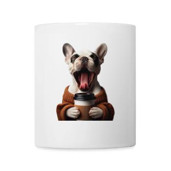 Eine müde Französische Bulldogge mit Kaffee - Tasse - Weiß - Vorne