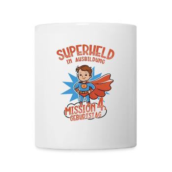 Superheld 4. Geburtstag Junge braune Haare - Tasse - Weiß - Vorne