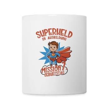 Superheld 7. Geburtstag Junge braune Haare - Tasse - Weiß - Vorne