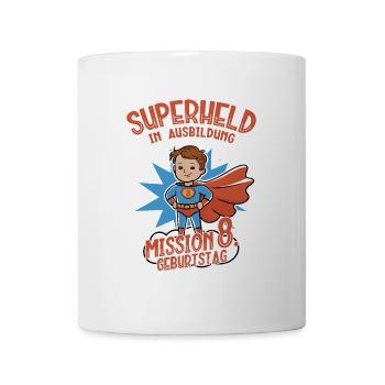 Superheld 8. Geburtstag Junge braune Haare - Tasse - Weiß - Vorne