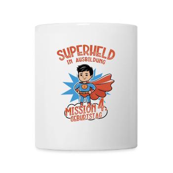 Superheld 4. Geburtstag Junge schwarze Haare - Tasse - Weiß - Vorne