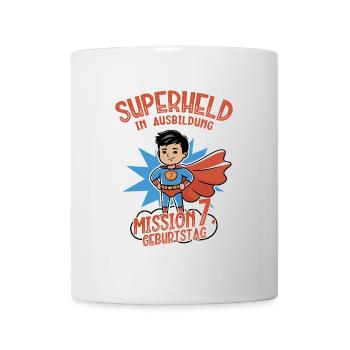 Superheld 7. Geburtstag Junge schwarze Haare - Tasse - Weiß - Vorne