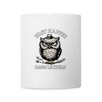 Grantige Eule mit lustigem Kaffeetrinkerspruch - Tasse - Weiß - Vorne