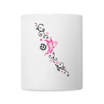 Butterfly with tribal ornament and flowers - Mug - white - Front