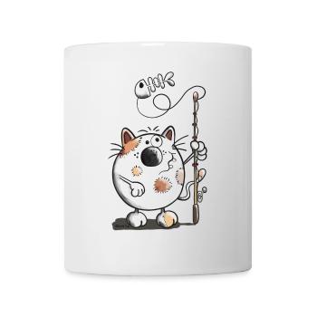 Katze Beim Angeln Cartoon Fischgräte  - Tasse - Weiß - Vorne