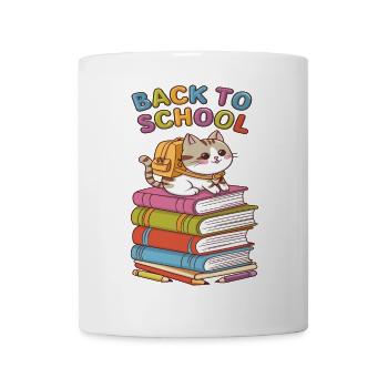 Bunte Schulanfangskatze mit Büchern - Tasse - Weiß - Vorne